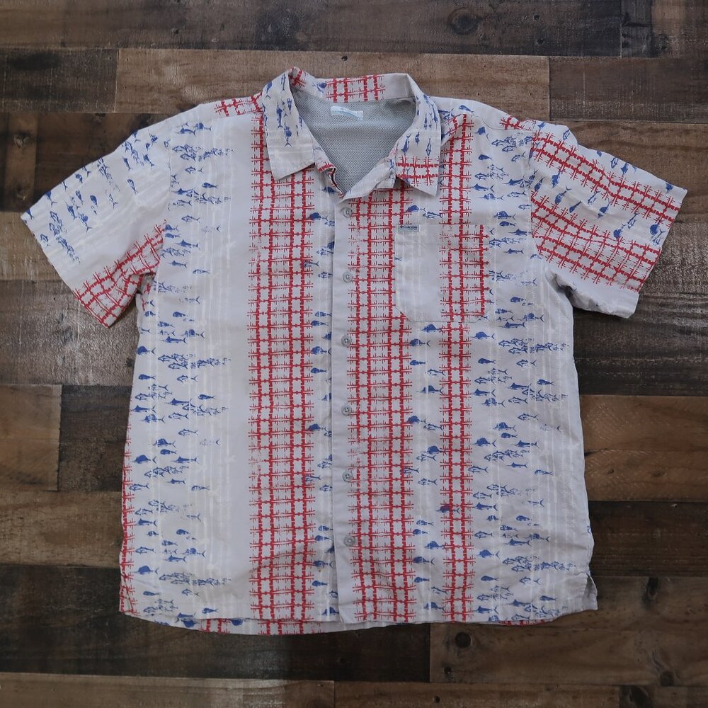 Columbia Sportswear Mens Large Gray Red Blue Fishing Shirt Back Flap